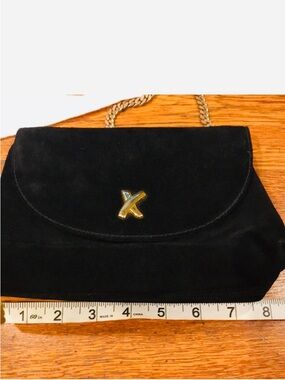 Paloma Picasso Black Suede Clutch with Gold X Accent